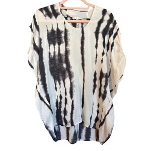 Cabi 137 Womens XS Black White Tie Dye Stripe 100% Silk Oversized Blouse Top